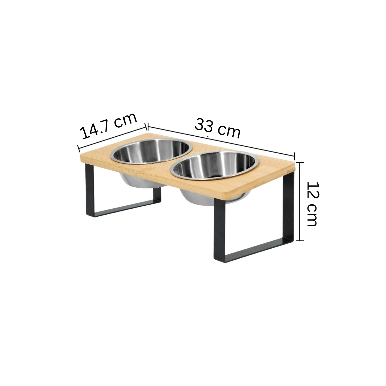 Gamelle chien surélevée en bois avec deux bols inox et support noir, design moderne.