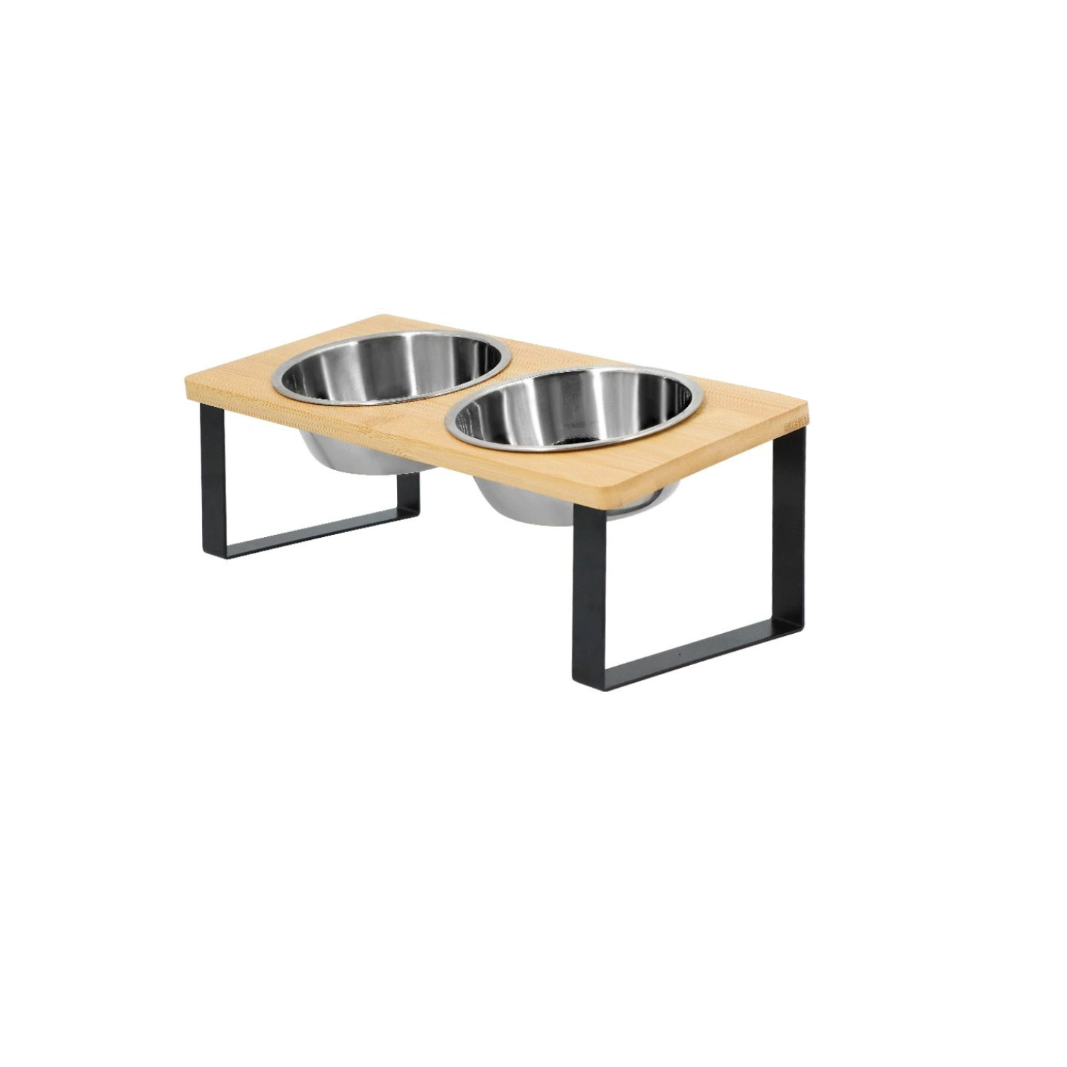 Gamelle chien surélevée double en acier inox et bois avec support noir, design moderne, collier et laisse non inclus.