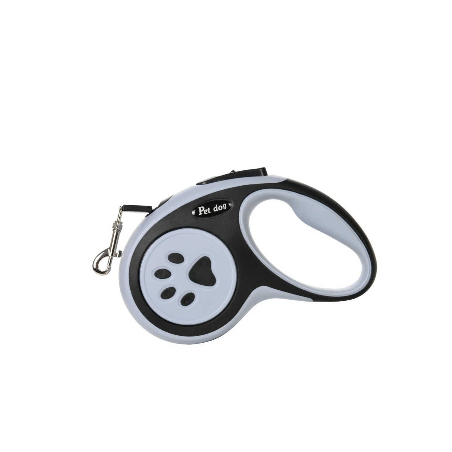 Laisse enrouleur noir avec motif patte de chien et poignée ergonomique.