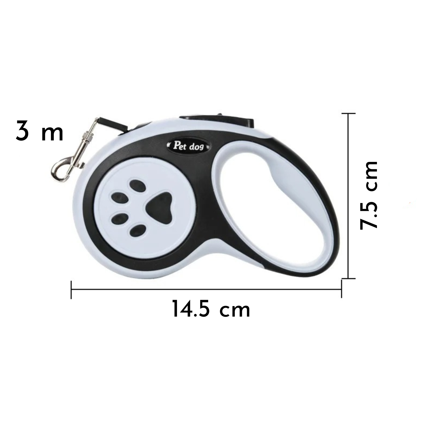Laisse enrouleur noire 3m avec motif patte et poignée ergonomique pour chien.