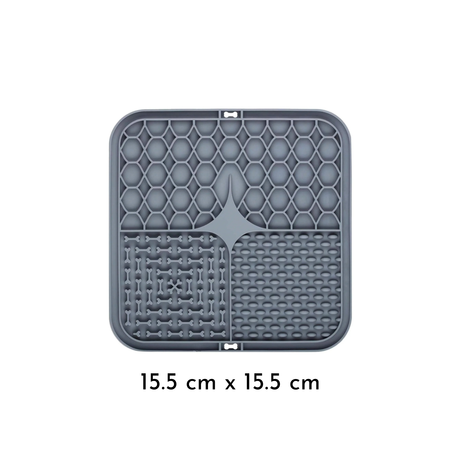 Tapis anti-glouton gris carré avec molette centrale pour gamelle, laisse et collier chien.