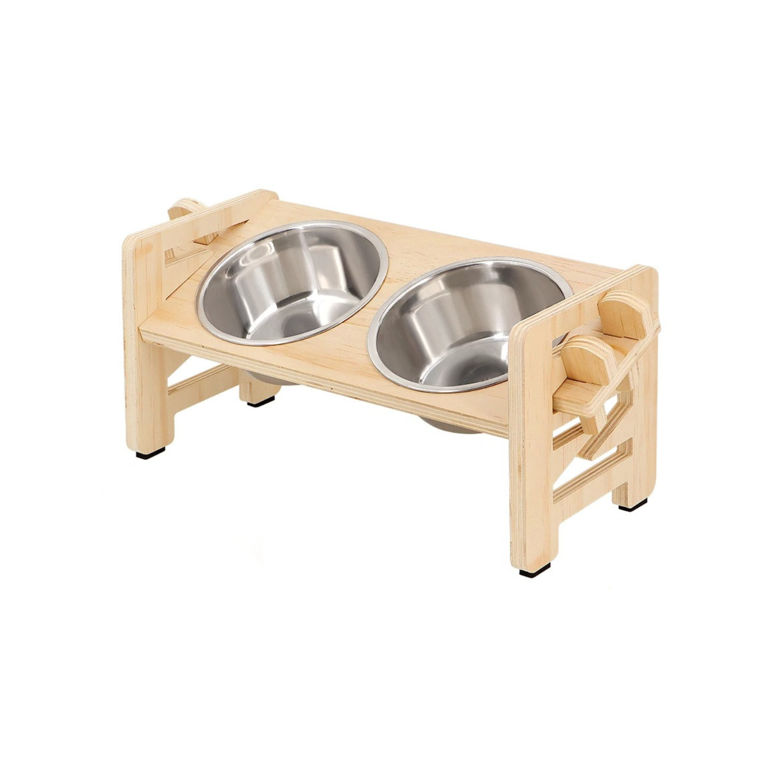 Gamelle chien surélevée en bambou avec bols en inox, support pour collier et laisse.