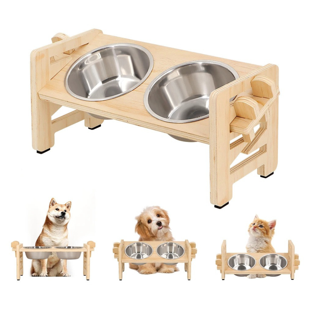 Gamelle chien surélevée en bambou avec deux bols en inox et support pour laisse ou collier.