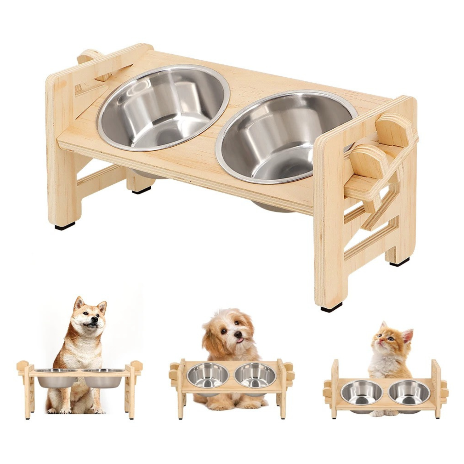 Gamelle chien surélevée en bambou avec deux bols en inox et support pour laisse ou collier.