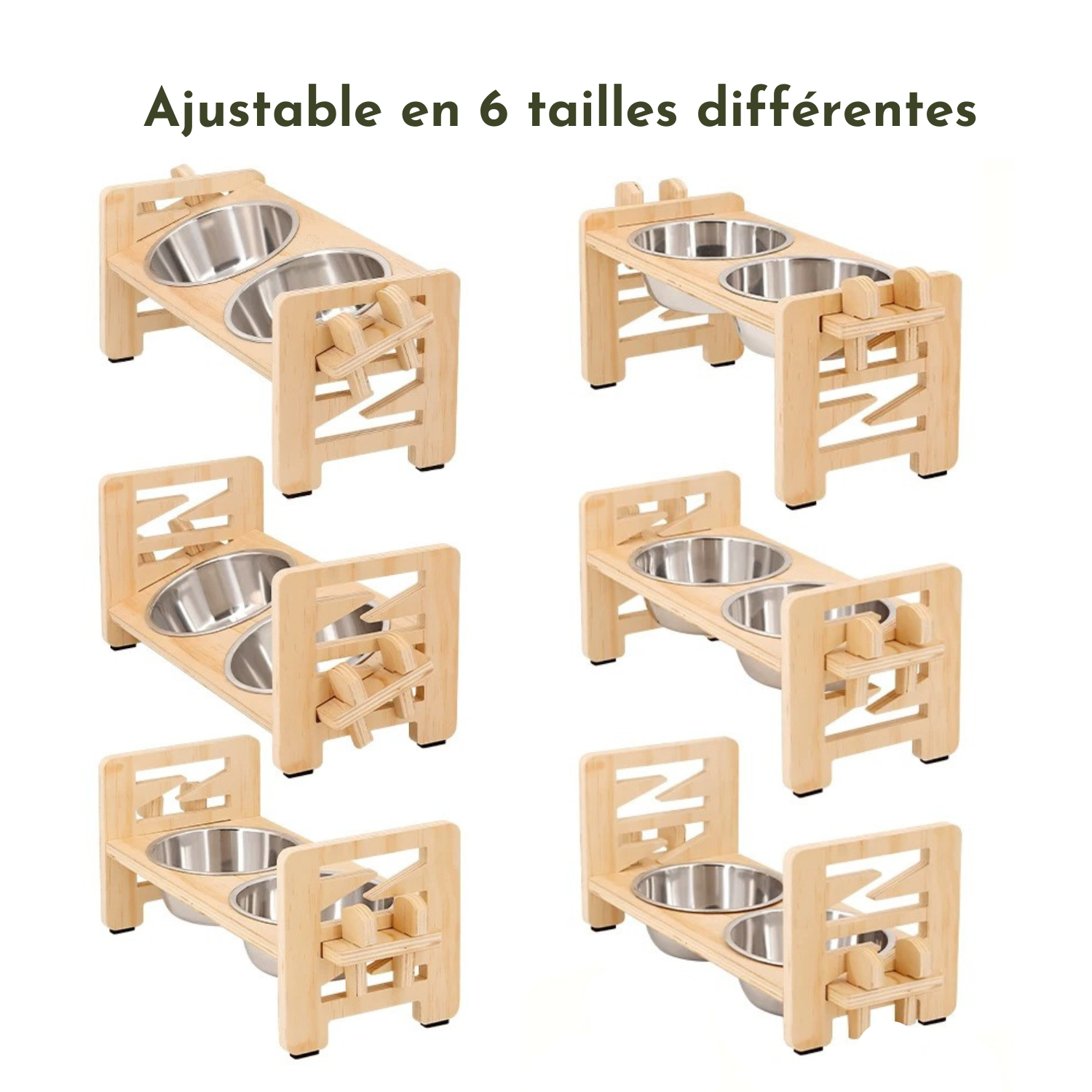 Gamelle chien surélevée en bambou avec deux bols en inox, design ajustable, bois clair.