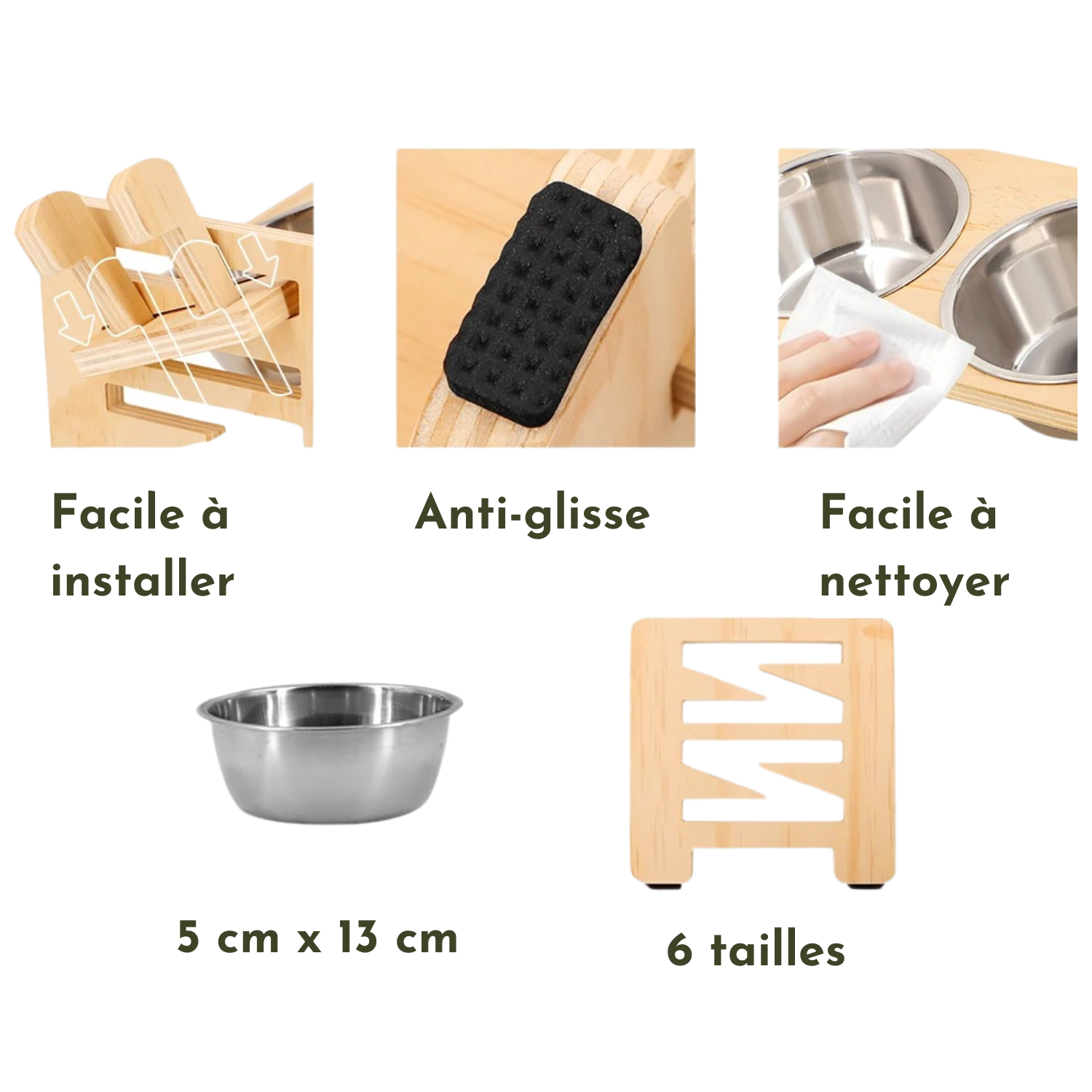 Gamelle chien surélevée en bambou avec bols en acier inox, antidérapante, facile à nettoyer et installer.