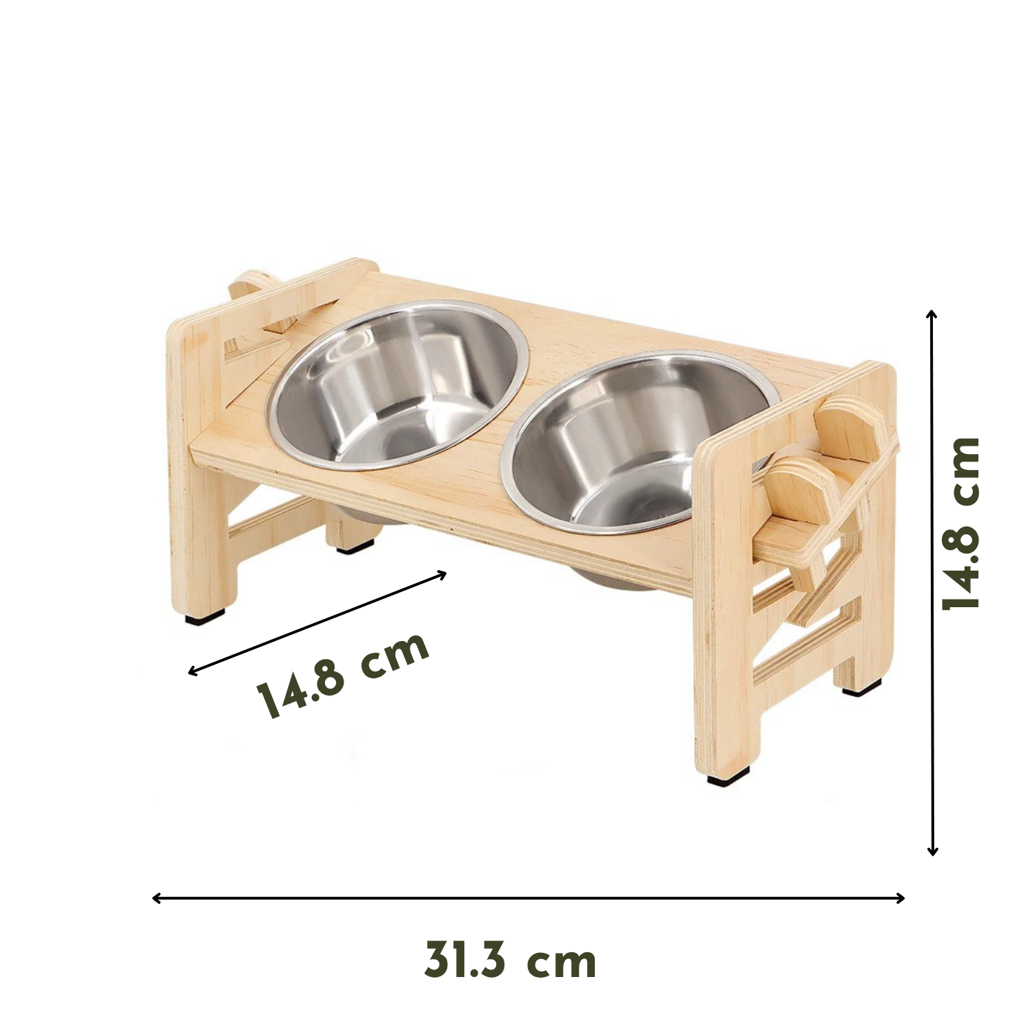 Gamelle chien surélevée en bambou avec deux bols en acier inoxydable et support pour laisse ou collier.