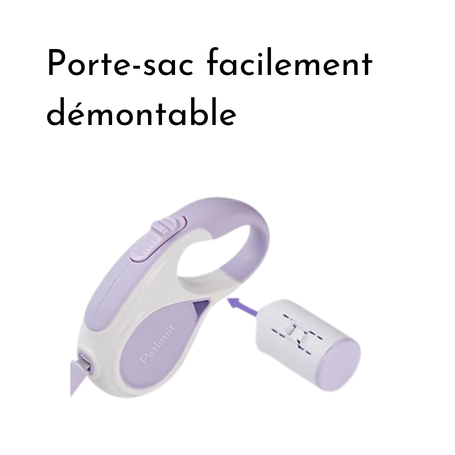Laisse enrouleur chien Petlimit 3M avec porte-sac démontable violet et blanc.