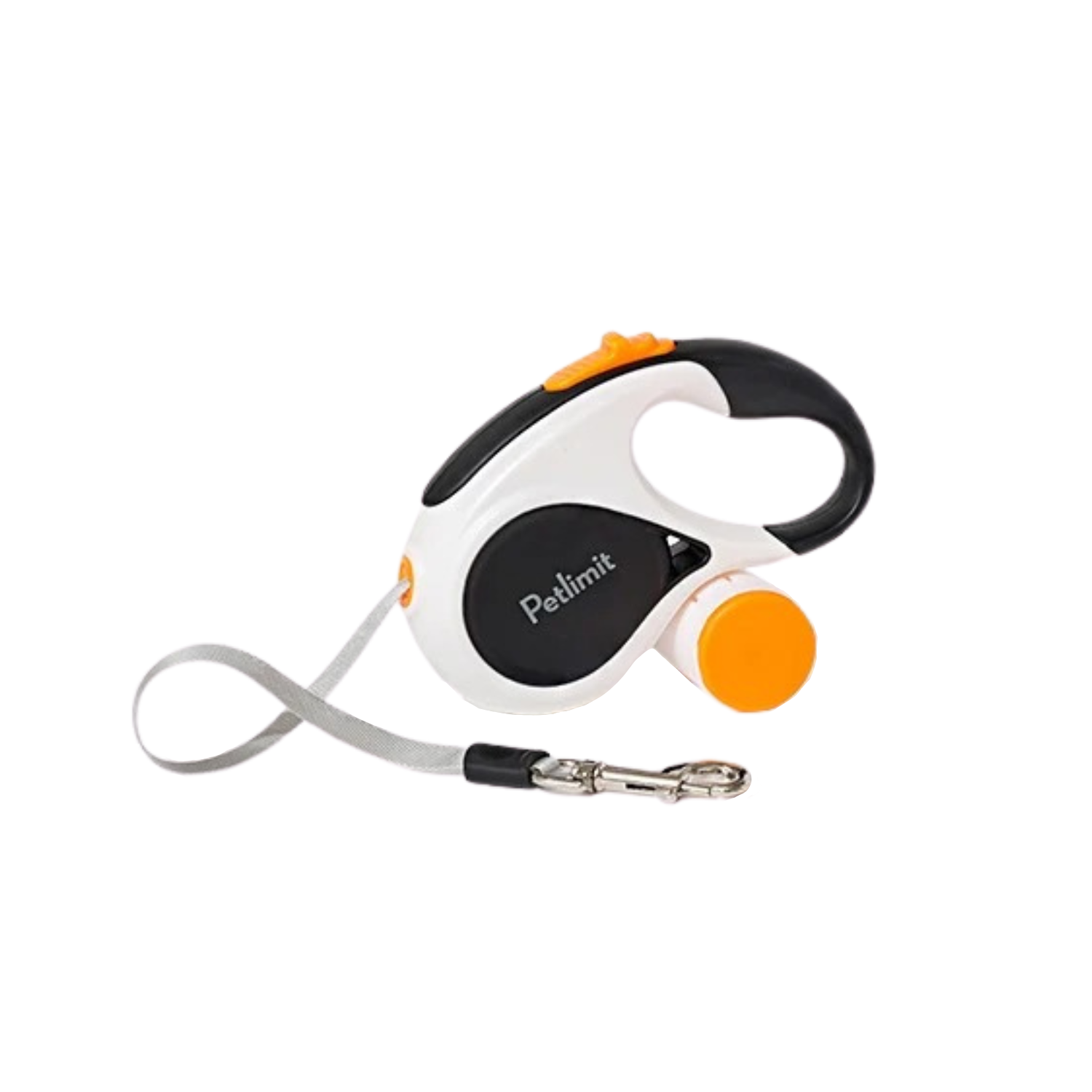 Laisse enrouleur chien Petlimit noire avec clip métal et bouton orange.