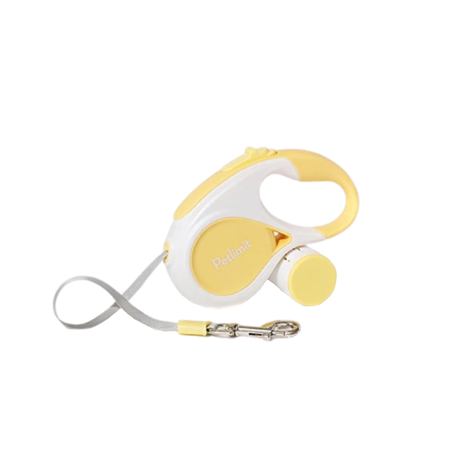 Laisse enrouleur jaune Petlimit 5M avec collier et gamelle pour chien.