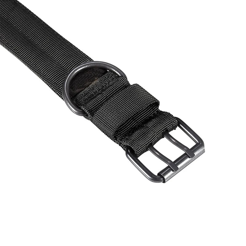 Collier pour chien noir en nylon avec boucle métallique résistante style militaire.
