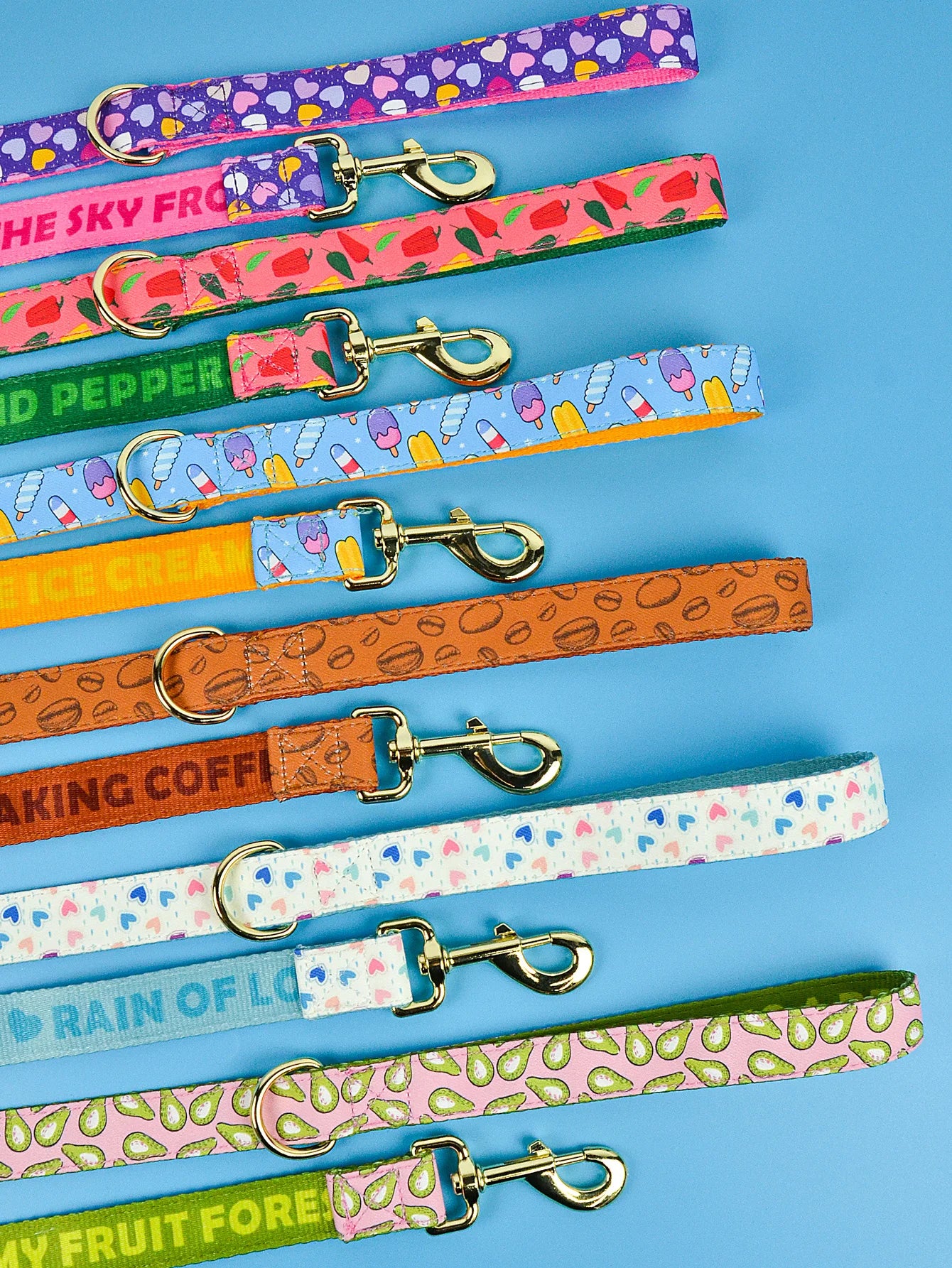 Laisse chien en corde colorée avec mousqueton en métal, motifs variés et colliers assortis.