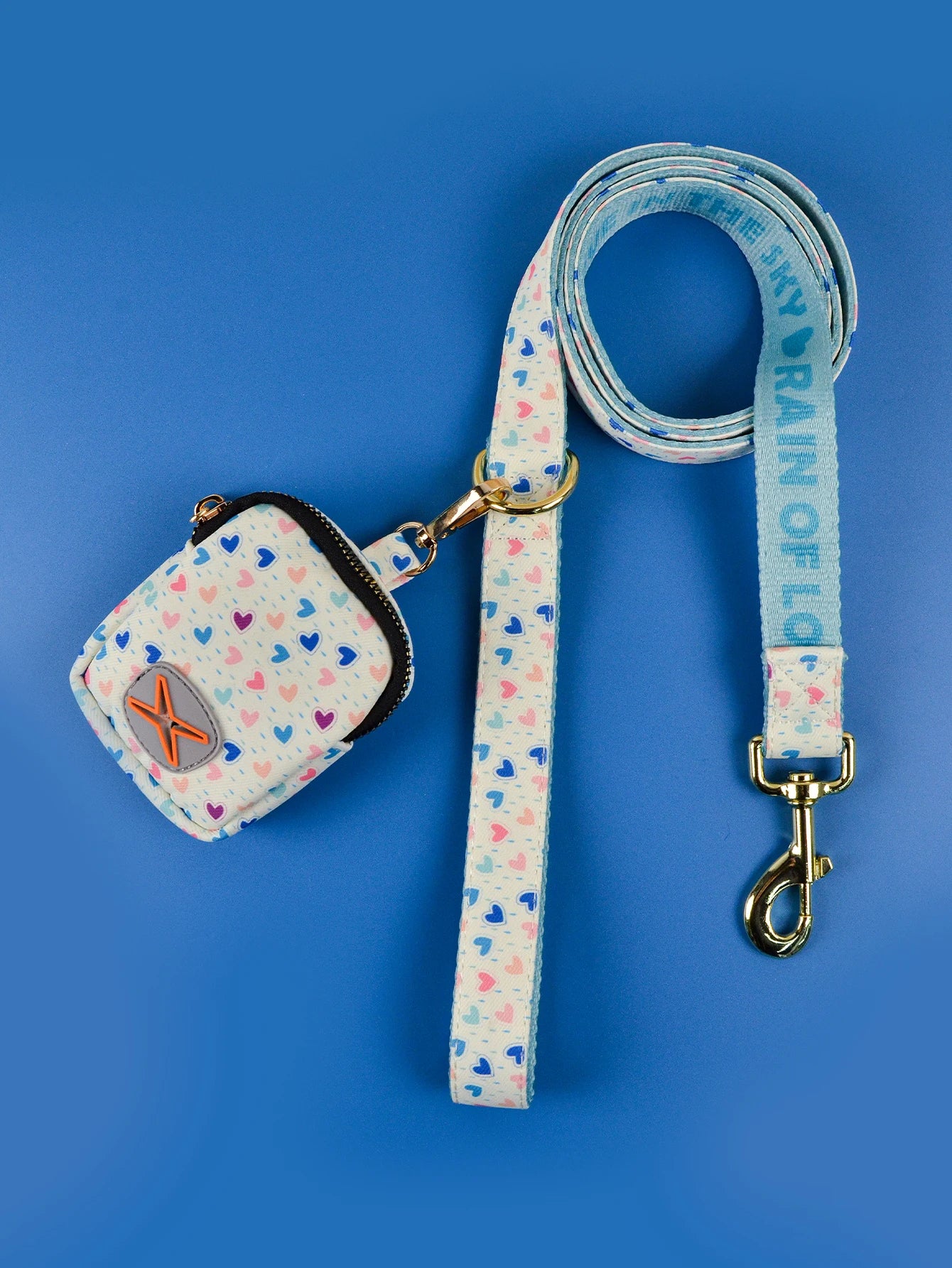 Laisse et sac distributeur à motifs colorés pour chien avec accroche dorée.