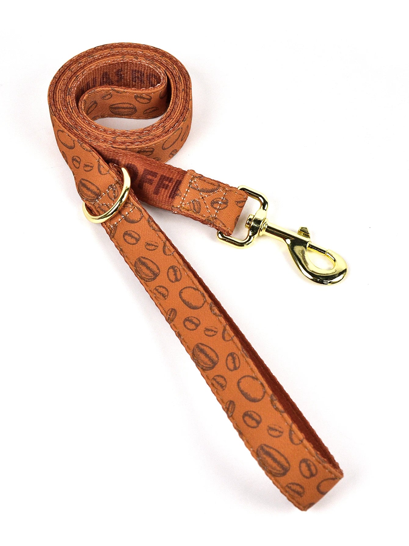 Laisse en corde couleur café avec mousqueton doré, motif toile café pour chien.