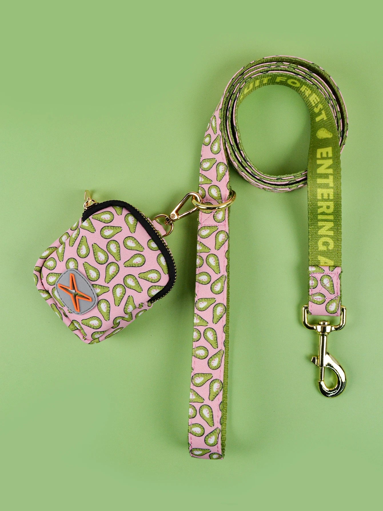 Laisse pour chien verte avec collier assorti et petit sac accessoire motif avocat, gamelle non visible.