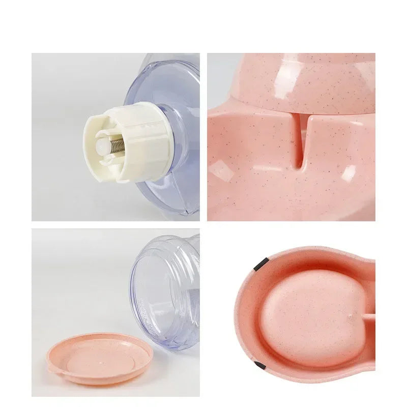 Distributeur d'eau rose pour chien avec gamelle intégrée, adapté collier et laisse.
