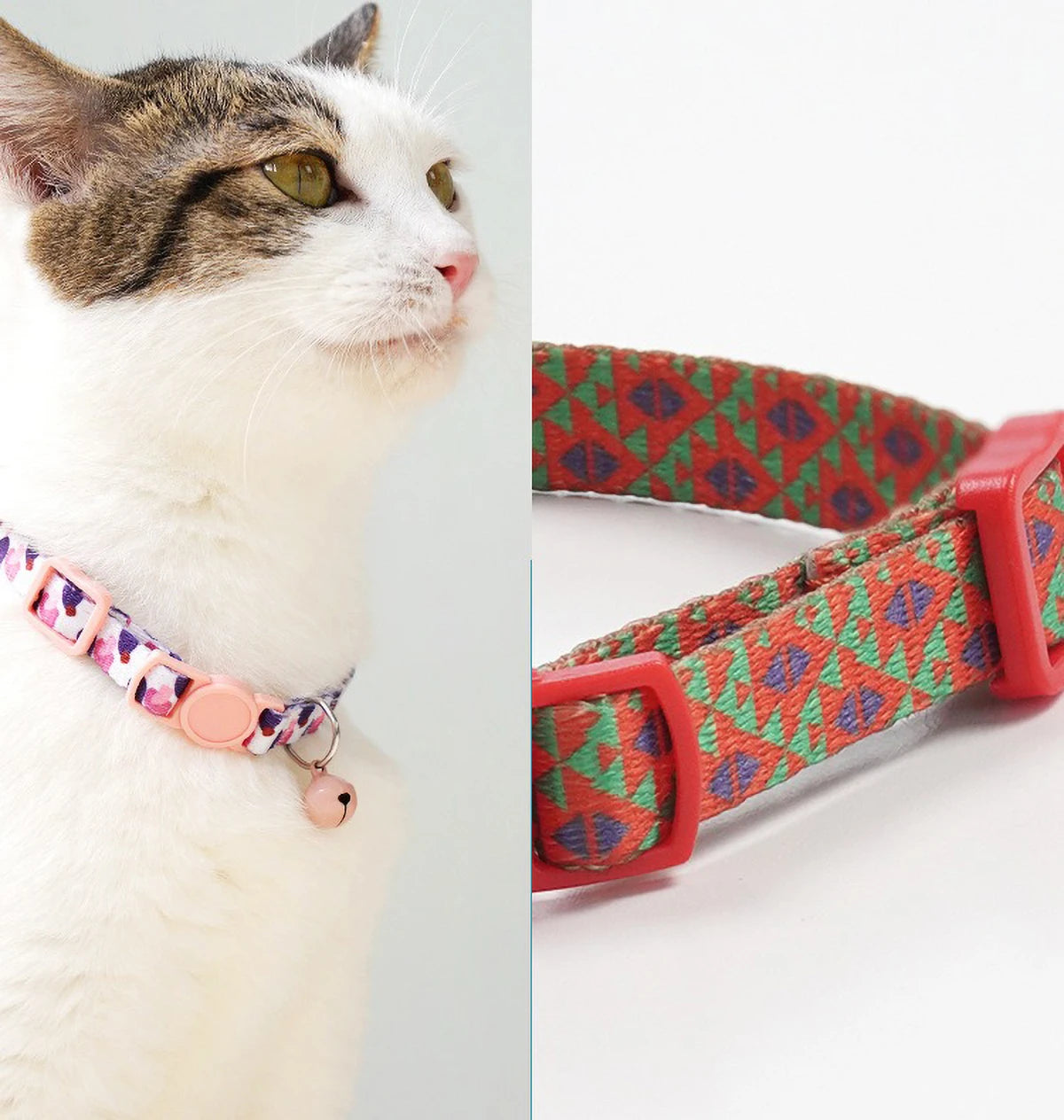 Collier chat rosé avec motifs et grelot, laisse assortie rouge à motifs pour chien.