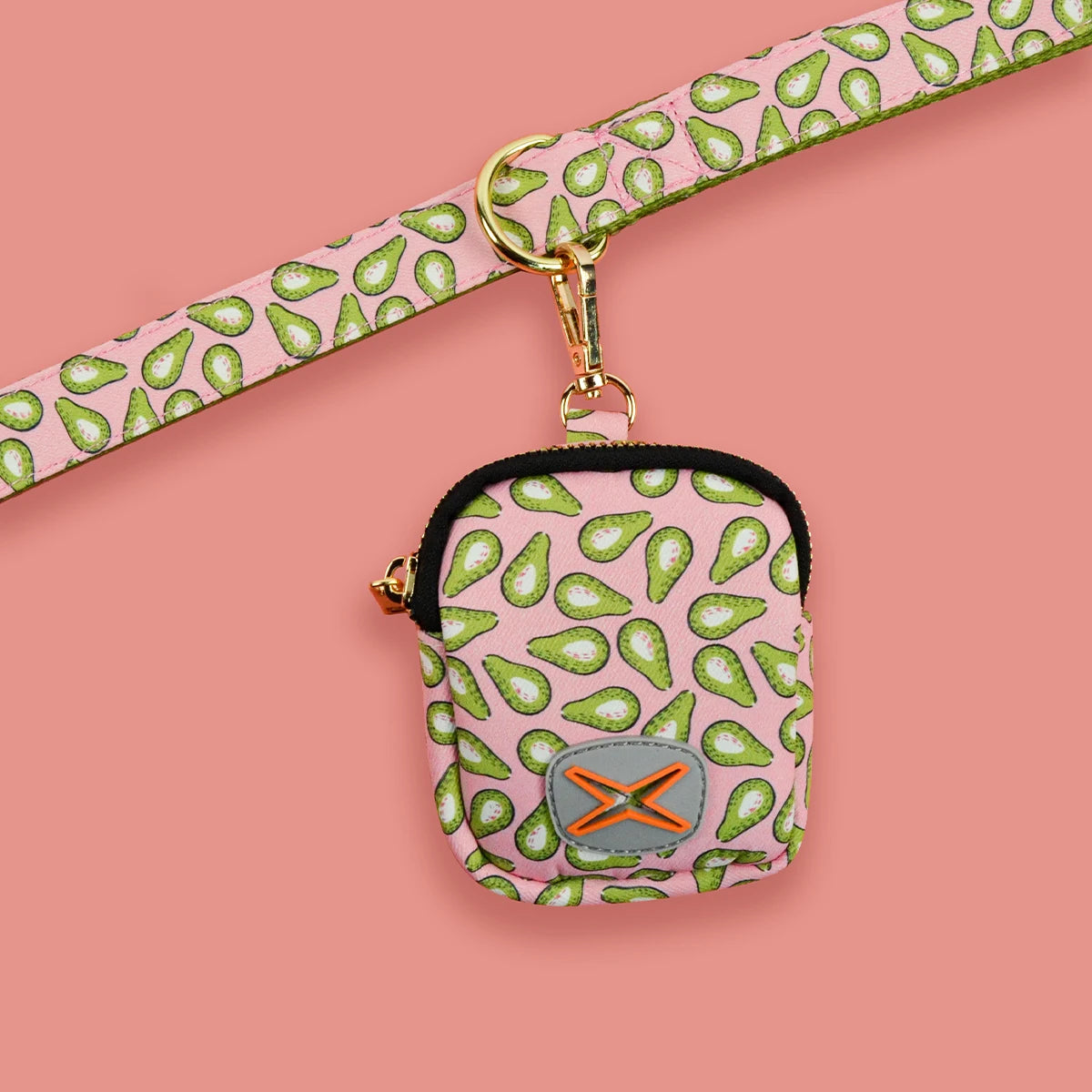 Laisse avec sac assorti motif avocat pour chien, design collier et gamelle intégrée.