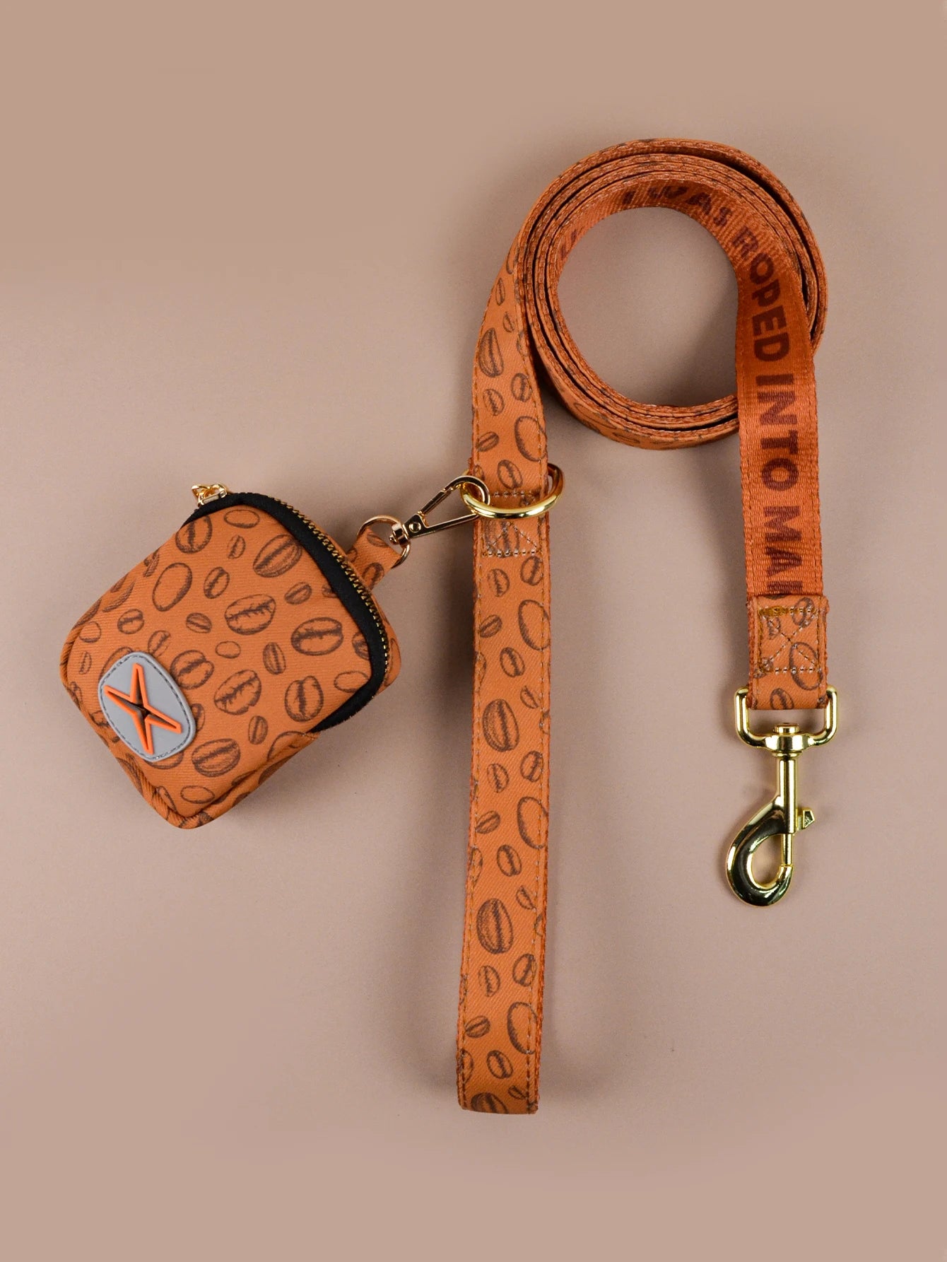 Laisse pour chien coffee avec sac ramasse-crottes assorti en cuir marron et collier inclus.