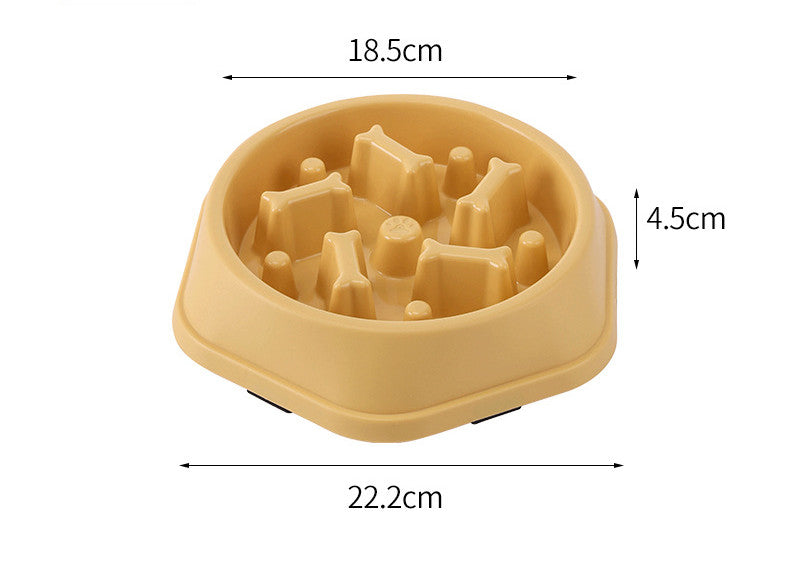 Gamelle anti-glouton jaune avec reliefs pour chien, dimensions 22,2x18,5x4,5 cm.