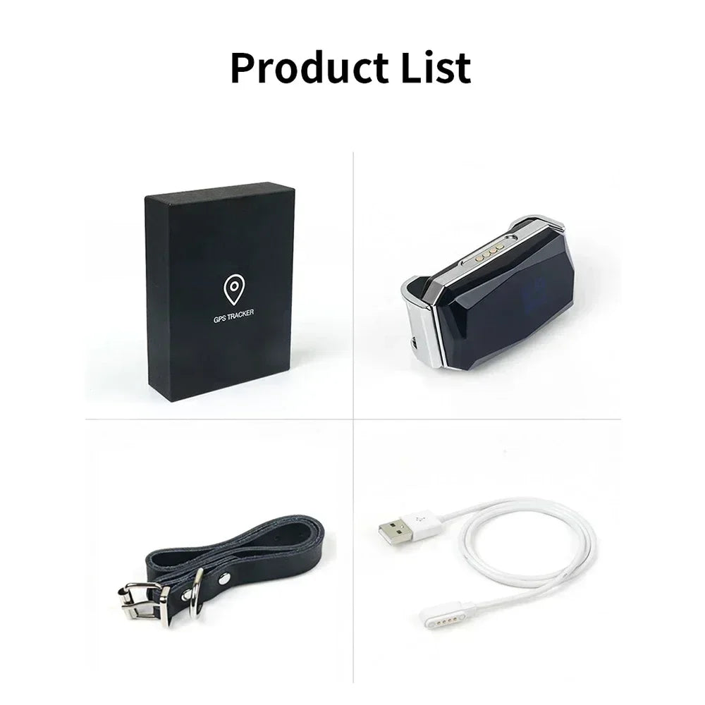 Collier GPS noir avec laisse assortie et câble USB blanc pour chien, boîte noire élégante.