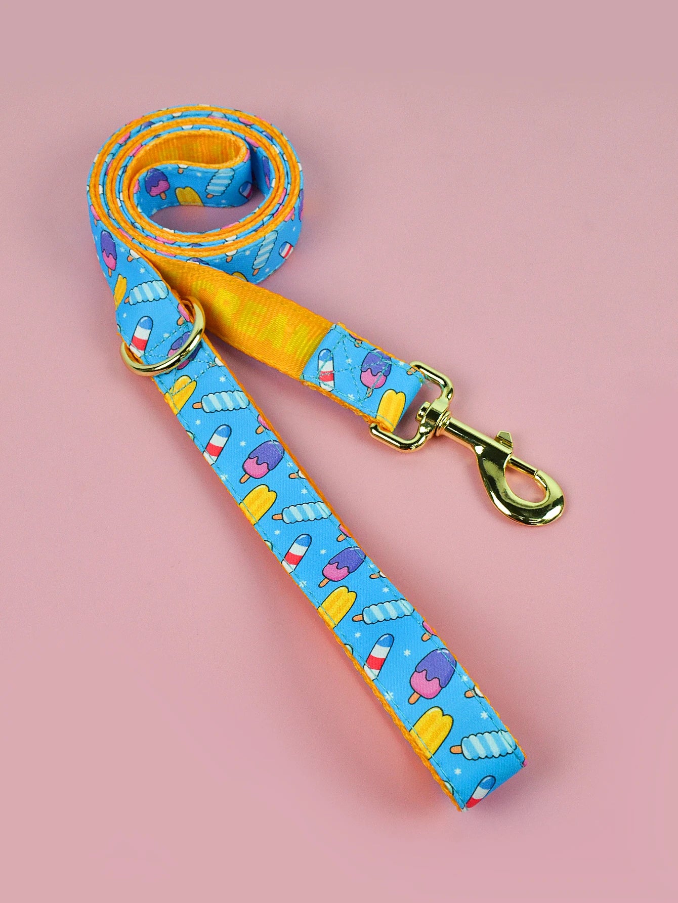 Laisse corde bleu avec motifs glaces et mousqueton doré pour chien.