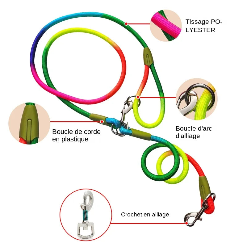 Laisse double en corde multicolore réfléchissante avec boucles et crochet en alliage pour chien.
