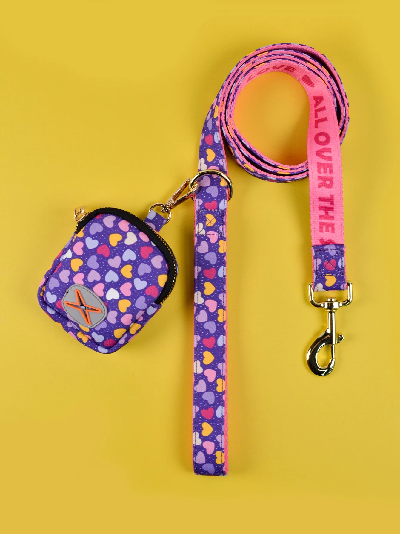 Laisse violette avec motifs cœurs et sac gamelle assorti pour chien, collier non visible.