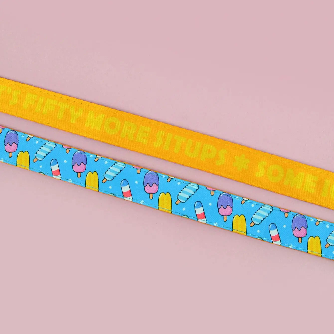 Laisse corde bleu à motifs glaces pour chien avec collier assorti et gamelle jaune.