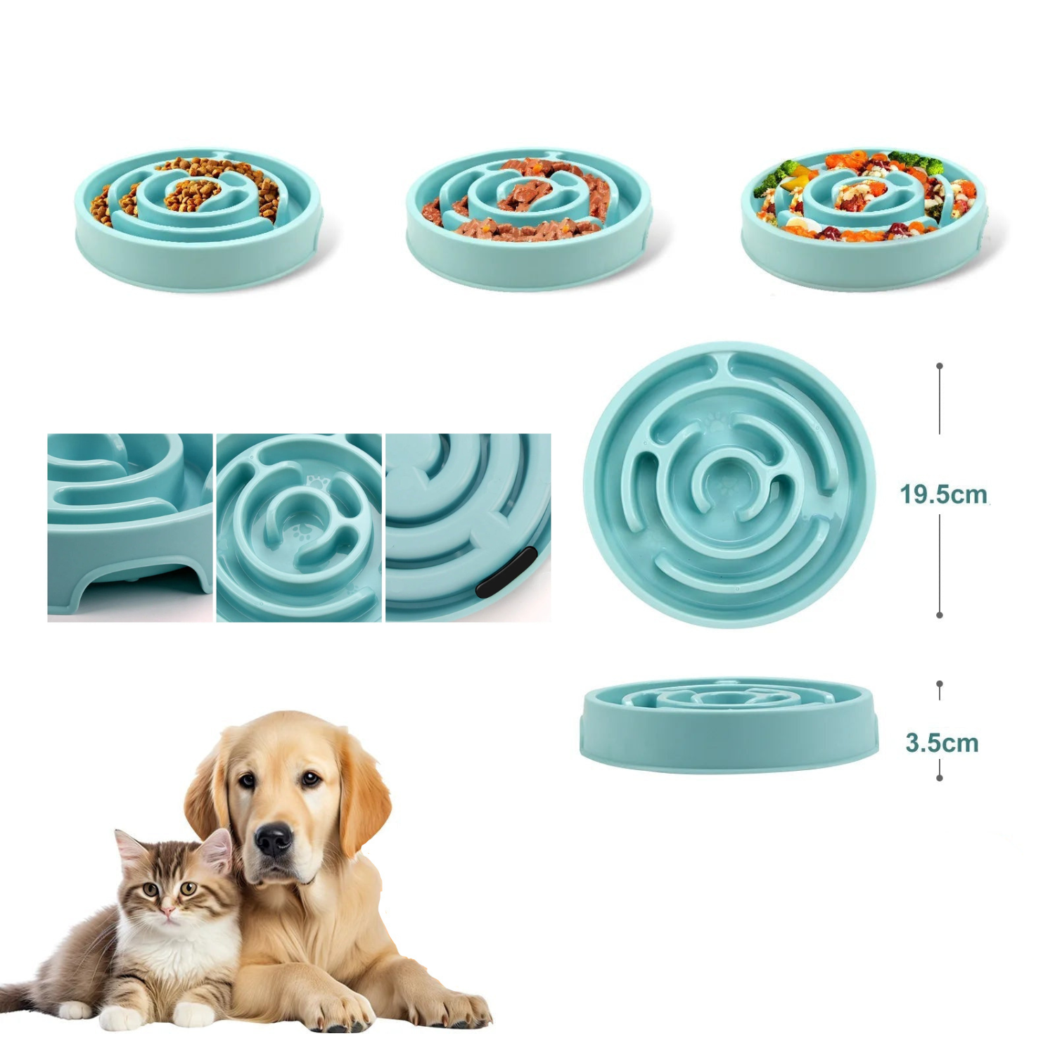 Gamelle anti-glouton bleue pour chien avec motif labyrinthique ralentissant repas.