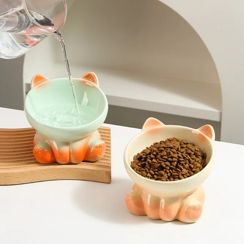 Gamelle chien en céramique beige orange en forme de chat, avec croquettes et eau versée, collier et laisse en arrière-plan.