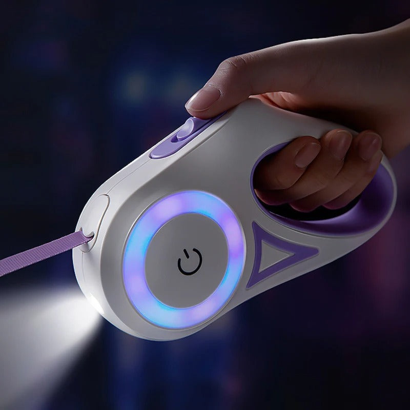 Laisse enrouleur violet avec lumière LED intégrée pour chien, collier assorti visible.