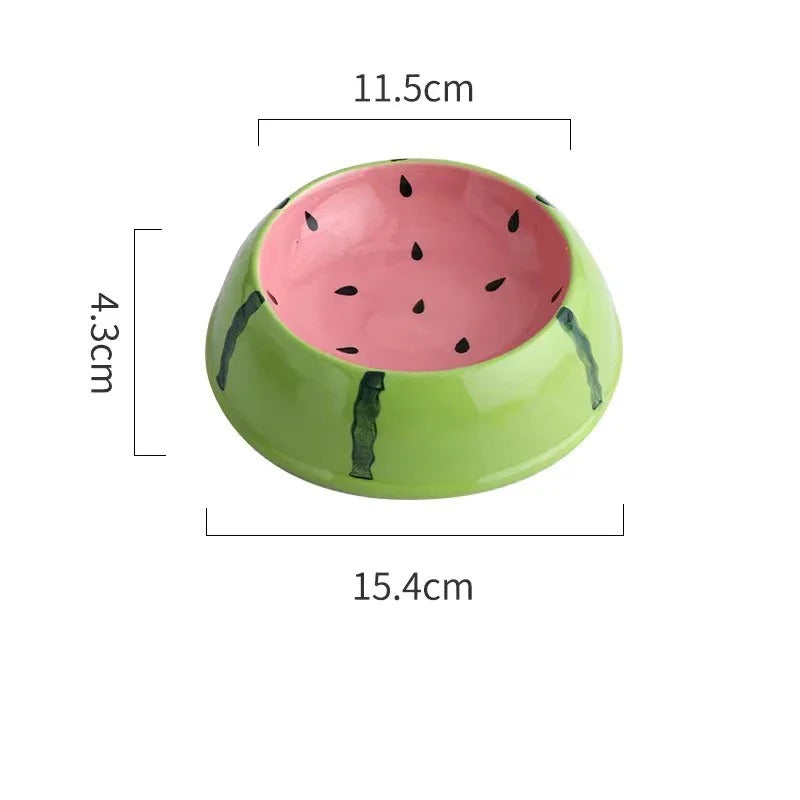 Gamelle en céramique vert et rose motif pastèque pour chien, 15,4 cm de diamètre.