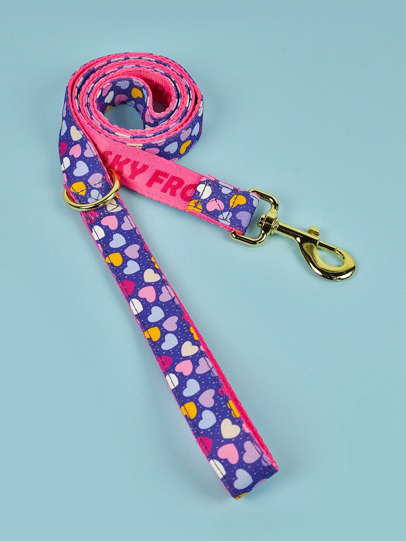 Laisse pour chien en corde violette à motifs cœurs avec attache en métal doré.